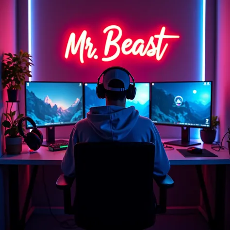 a guy playing game wearing hoodie and cap his face is not seen front side photo  all room with neon light neon light hoodie and gaming pc key board and gaming table every where neon light  . gaming light headphone  on the back side of wall big name  write ...