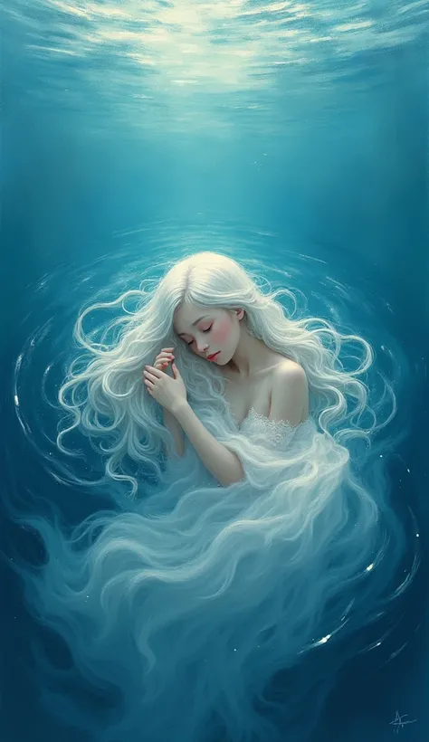  Fragile sweet girl, god, falling asleep , into the blue waves of the ocean ,  long white hair , falls asleep as if in the depths of the ocean