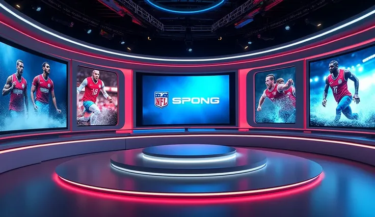 Heres a new, sleek sports broadcast studio design with a futuristic feel, featuring vibrant sports graphics and illuminated elements. Let me know if youd like further refinements, like altering the layout, colors, or adding specific branding!