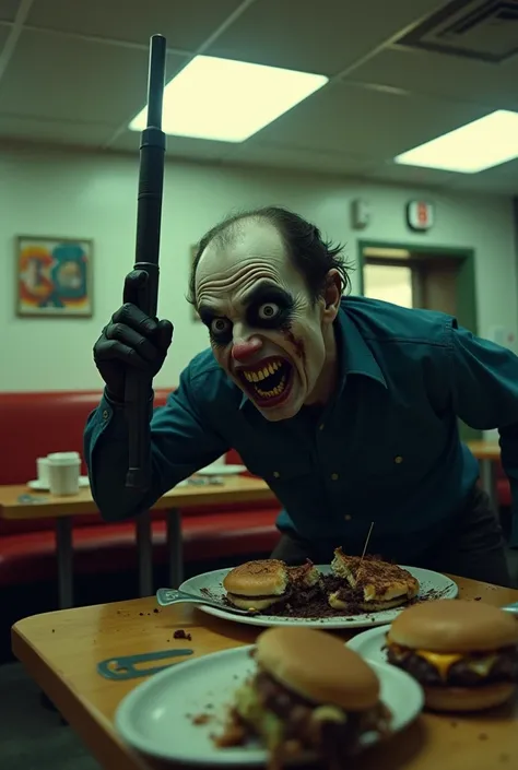 A hyper-realistic and macabre scene inside a McDonalds, showing Luigi Mangione being arrested. He has wide, horrified eyes, with blackened teeth, holding an ominous weapon. The lighting is cold and unnatural, casting long shadows. The food on the tables is...