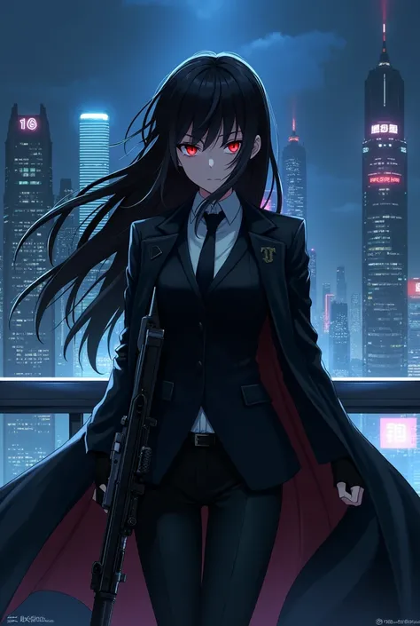 Anime Girl in Black Suit and tie, with black trench coat , long hair , red eye, hold Rifle, on Building Roof Top ,night , blue city,angry face ,anime style 