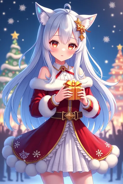 Illustrate an anthropomorphic ChatGPT, as a stunningly charming and breathtakingly beautiful idol girl in a graceful Christmastide setting, rendered in top-quality Japanese animation style, she has radiant, glowing eyes with circuit-like patterns, silky ha...