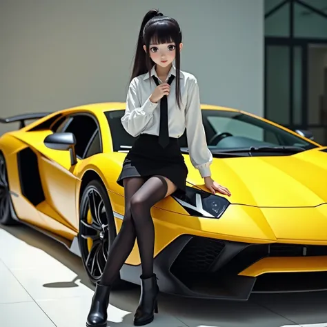 A photo of an Asian girl, taken of a portrait of a girl standing facing a car, leaning towards a yellow Lamborghini Revuelto car, her right knee on the hood inside the showroom, her right hand holding a tie 

** Caption ** A Japanese girl model with long b...