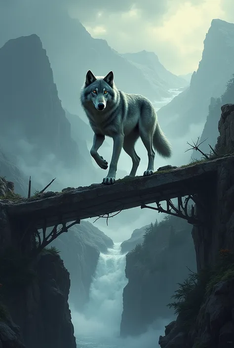 Create an image for me of a gray wolf crossing a bridge that is falling while the wolf is passing