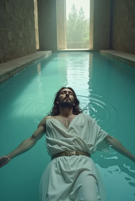 Jesus Christ dressed in a white robe, drunk, floating face down in a pool