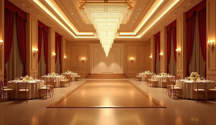 A luxury venue hall designed for events, featuring an elegant and spacious layout. At the center of the hall is a large, grand dance floor with a stunning rectangular crystal chandelier suspended from the ceiling, cascading layers of light in a golden glow...