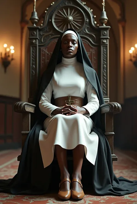 Beautiful, cruel, dark-skinned, photorealistic nun in a white leather habit and brown leather ballet flats sitting elegantly on a throne in a church. a man lies on the floor, kissing her shoes in worship