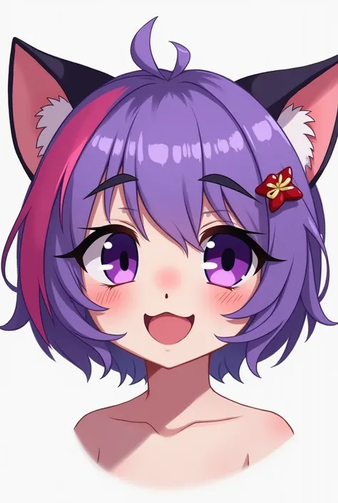  Masyunya is a young cat with short purple hair , with a pink lock at the left ear and thick black eyebrows .  She has purple eyes and a candy clip to the right of her right ear