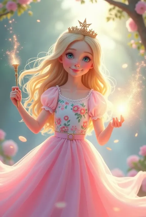 Femenine character blonde princess with short pink pastel skirt and a magical wand and a shirt with pastel flowers 