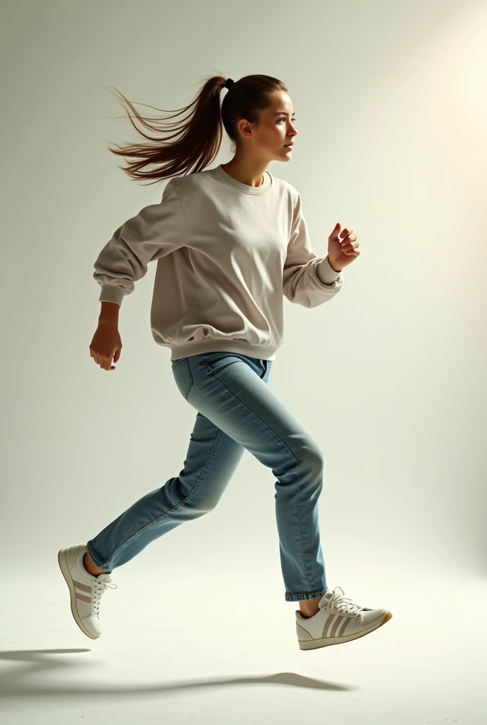 young woman, running, studio light, realistic, side view, normal wear