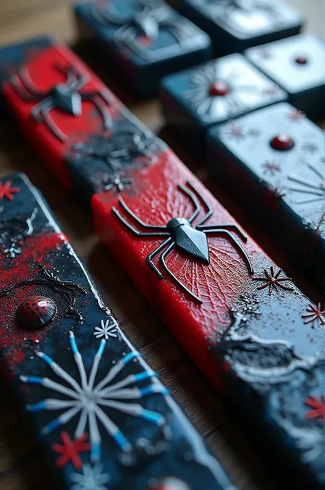  I want to see pieces of the dominoes made referring to spider-man with cobwebs and spiders inside the piece, with combinations between black , white, air, red,  blue and transparent to make it with epoxy resin at home . 