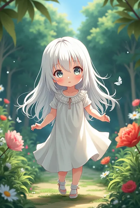 2000s darkfantasy aesthetic, anime style drawing,  comics manga Jovem 2010s
Toddler , s,  White eyes,  long hair, white eye,  white skin , rolled dress, smiling, playing in the garden, white eyes 