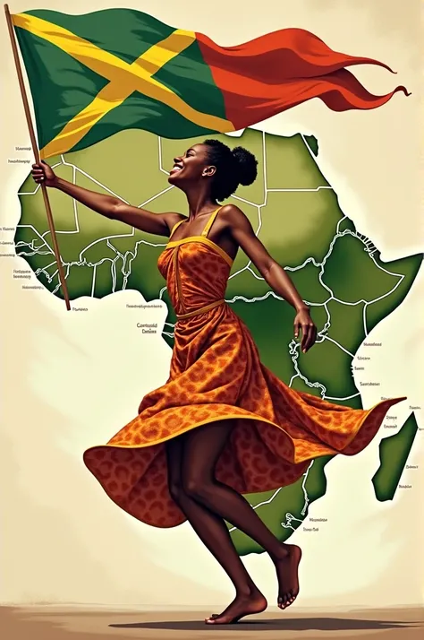  A woman dancing in Map of Benin. She will have the flag of Benin in her hand  