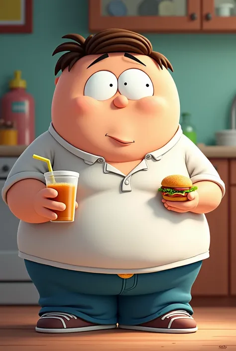 a cartoon boy holding a drink and a sandwich, a digital rendering by Tadashi Nakayama, pexels, conceptual art, official art, official render, movie promotional image, eric cartman in real life, promotional render, obese ), official artwork, official charac...