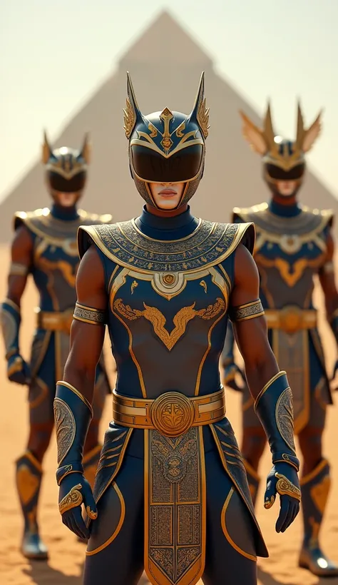 Power Rangers in outfits inspired by ancient Egyptian pharaohs and gods, with masks resembling Anubis and Horus. The uniforms include gold, blue, and geometric patterns. Setting: pyramids and a vast desert landscape.