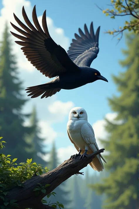 A crow flying above a white owl