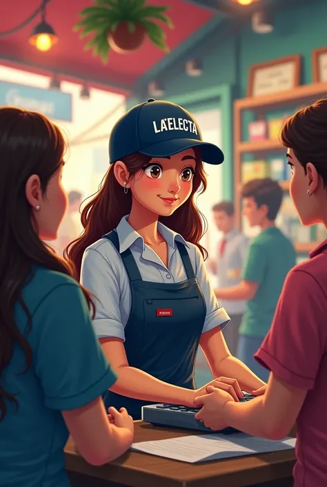 Picture of a cashier wearing a cap that says La Selecta