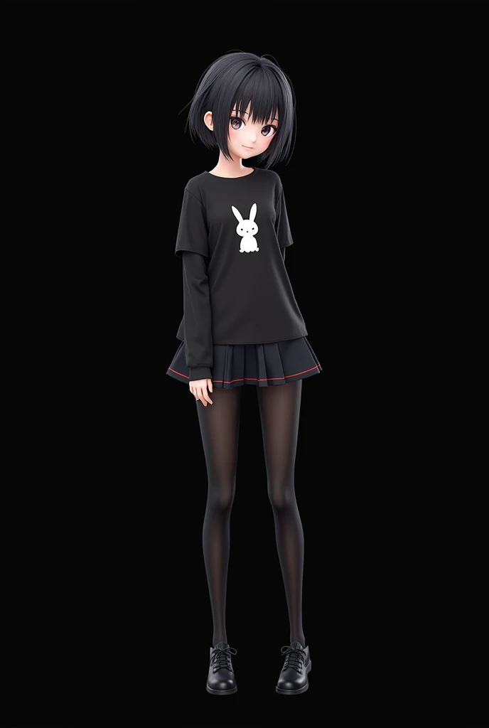  3D anime a girl with black hair, short, with a fringe, wear a black skirt,  a black shirt ,  with a rabbit design on mine, and wear black tights ,  black background, in 3D