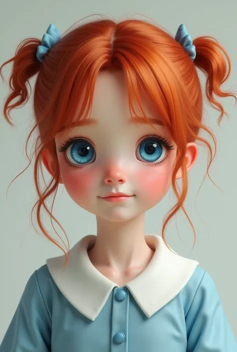 Create a  girl with blue eyes and red hair tied in two little marias with a light blue dress and white collar, make it realistic