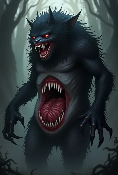  Draw for me a beast full of black hair, claws, already,  and a sharp diabolic smile full of teeth ,  with a mouth full of teeth in her belly , But she has a feminine body ! In anime format!