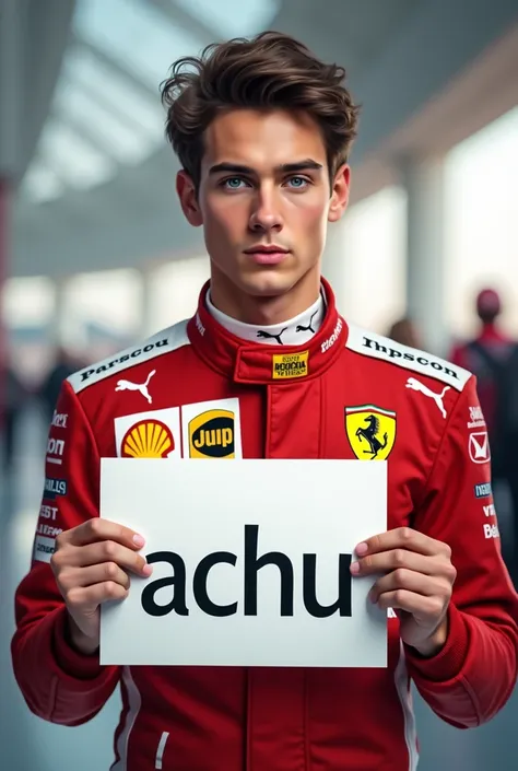 Charles Leclerc with a sign in his hand that says “Achu”