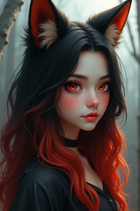 Realistic girl with black and red hair wolf ears light red eyes