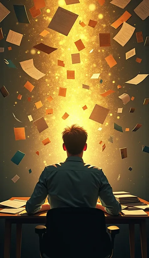 "A person sitting at a desk, surrounded by chaotic and scattered papers and ideas, symbolizing the 95% unproductive thoughts, with a focused golden light shining from their head to represent productive thinking."
