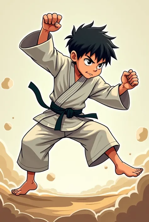 Raise a boy doing a judo technique, O-Goshi, big hip, bottomless cartoon style