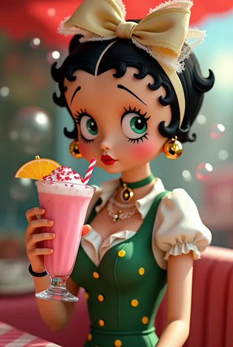 Betty boop, wear a jumpsuit dress in dark green yellow dots pattern with white shirt inside, a big lace ribbon on head, full set jewlery, drinking rainbow milk shake with tall glass, a straw inside the tall glass, two hands holding the tall glass, backgrou...