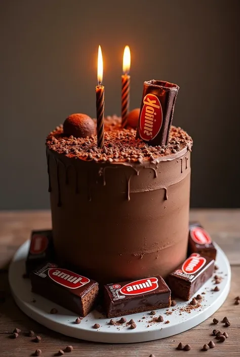 A chocolate overloaded cake with 4kikat bars and 2 amul dark chocolate bar and with choco chips for birthday it should be simple and aesthetic 
