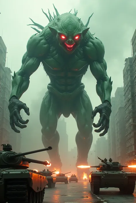 A 10-story building-sized biomechanics partly robotic monster with three evil red fiery eyes, transparent green skin, and massive muscular six appendages is causing havoc in the middle of Bangkok. The city is on fire and smoke rises from the buildings. The...