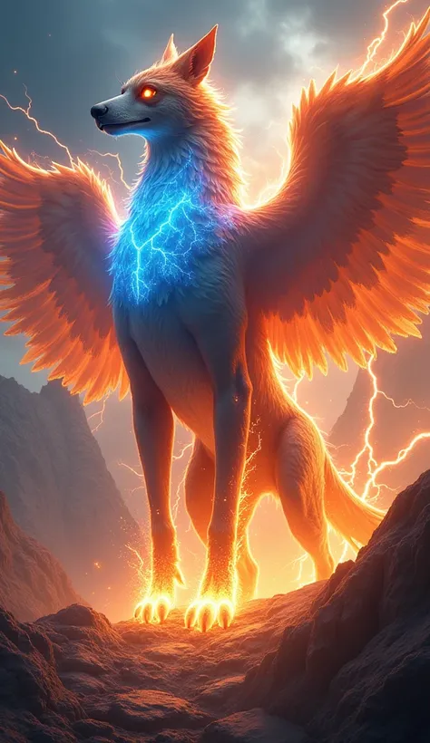 In a mystical fantasy world, the Dog and Eagle merge into a powerful hybrid fusion. The fusion forms a towering, muscular beast with the sleek body of a dog, its fur pulsating with vibrant electric blues and fiery reds, glowing with supernatural energy. Th...