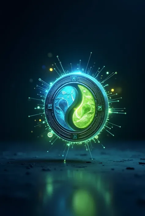 A cinematic shot of a floating token labeled "New Era" in a sleek, dark background. The token design symbolizes the unity of two elements: one side features sharp, angular patterns in cool tones of blue and white, representing "EcoX"; the other side displa...