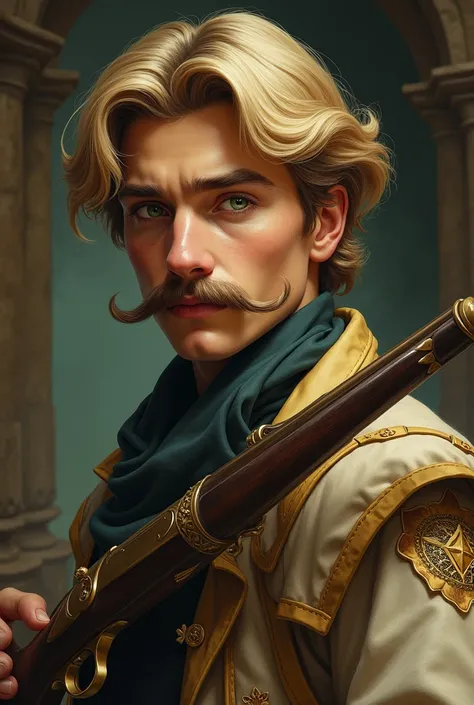 masterpiece, best quality, 1boy,(green eyes),refined mustache,blonde hair,fire arm (blunderbuss),medieval fantasy archaeologist outfit,