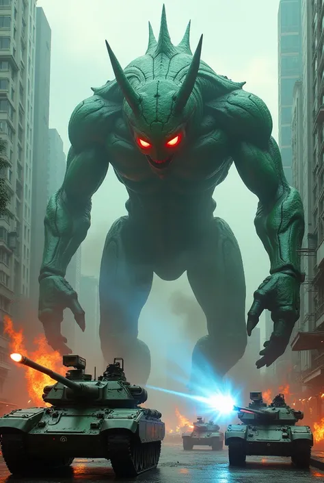 A 10-story building-sized biomechanics partly robotic monster with three evil red fiery eyes, transparent green skin, and massive muscular six appendages is causing havoc in the middle of Bangkok. The city is on fire and smoke rises from the buildings. The...