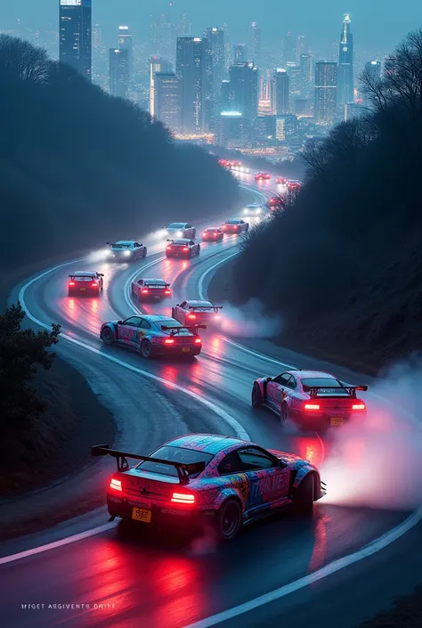 Multi-car racing car on night mountain tokyo dritf car, curve, top camera angle