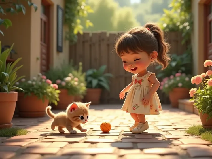 "A small, adorable kitten with soft fur and a playful expression is joyfully playing with a  in a cozy courtyard bathed in warm sunlight. The girl, about , wears a light summer dress with playful floral patterns and is giggling as she rolls a small ball to...