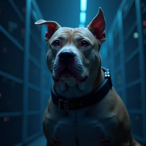  dog bull dog ,  with a strict collar DOUGBR , Looking blue ,  datacenter in the background ,  atmosphere of knowledge , detailed,  cinematographic lighting,  intricate details, Digital Art, hyper-realistic, 8k,  photorealistic ,  masterpiece 