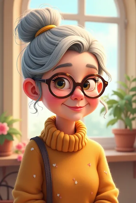 Elderly woman in a cartoon wearing glasses