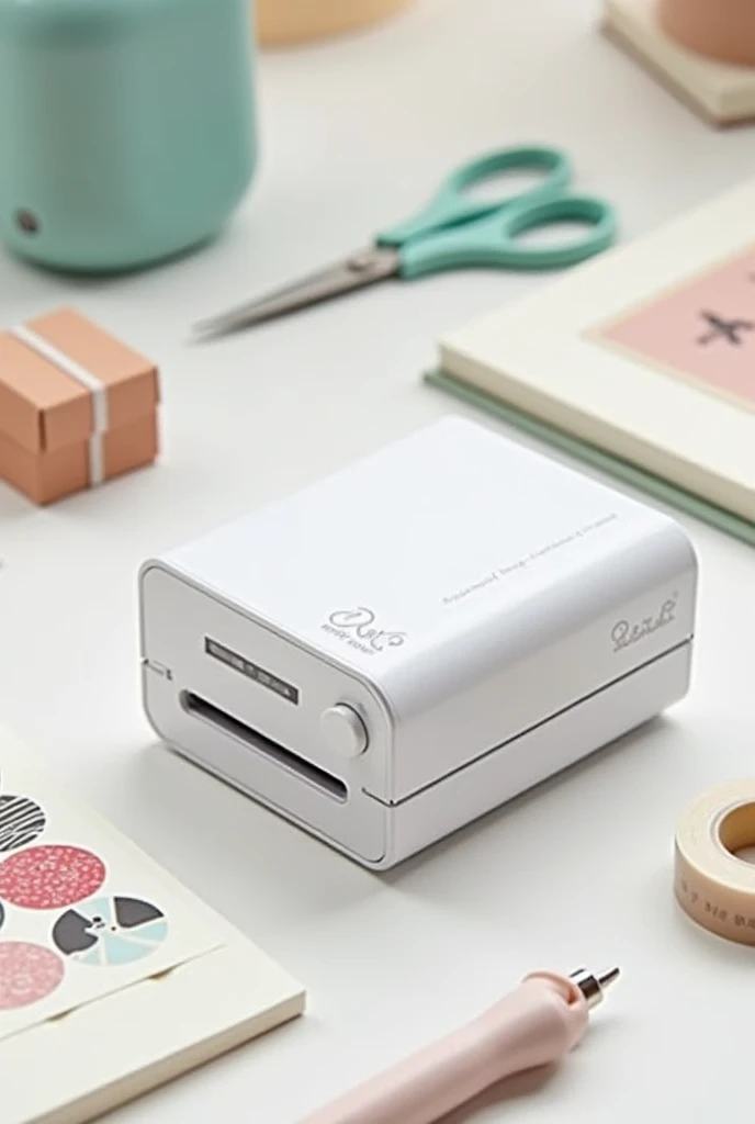 A compact handheld thermal label printer designed for creating stickers, featuring a modern, minimalist design with a sleek and portable appearance. The device is white with subtle metallic accents and includes a roll of adhesive tape for printing labels. ...