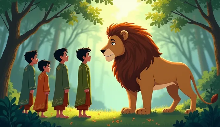 The leaning of the brothers in front of the lion

In the forest a lion stands in front of the brothers. The four brothers bow to the lion and understand the kings assassins. The lion looks at them in amazement.

2D cartoon style