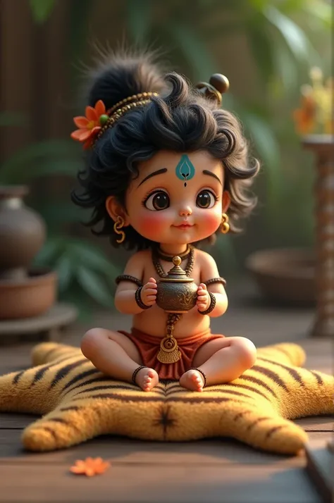 Playful Shiva: Baby Shiv playing with a tiny tiger skin mat and holding a cute mini Kamandal (water pot).
