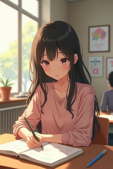 A shy girl sits alone at a bright, sunny classroom desk, nervously fidgeting with her fingers and looking down at her notebook. She doodles hearts and flowers, lost in her thoughts.