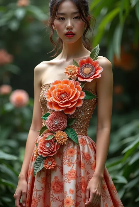 I want a dress with a big jeweled flower on one side and floral fabric on the other side