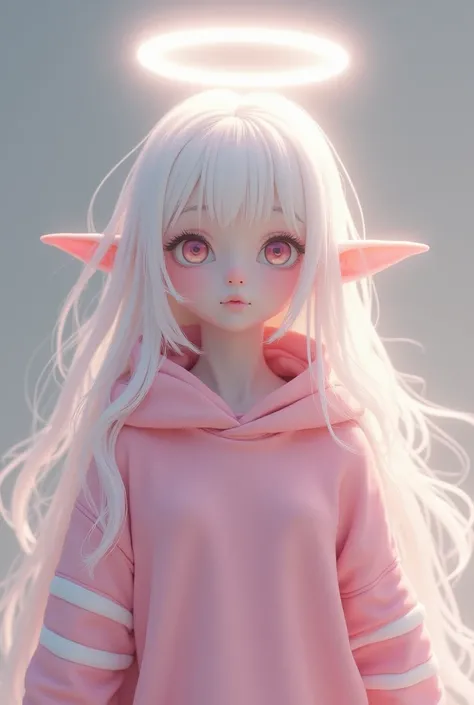 Character long white hair ,  white skin , Light pink eyes,  large pink sweatshirt with white stripes , The character has an angels aureole in his head