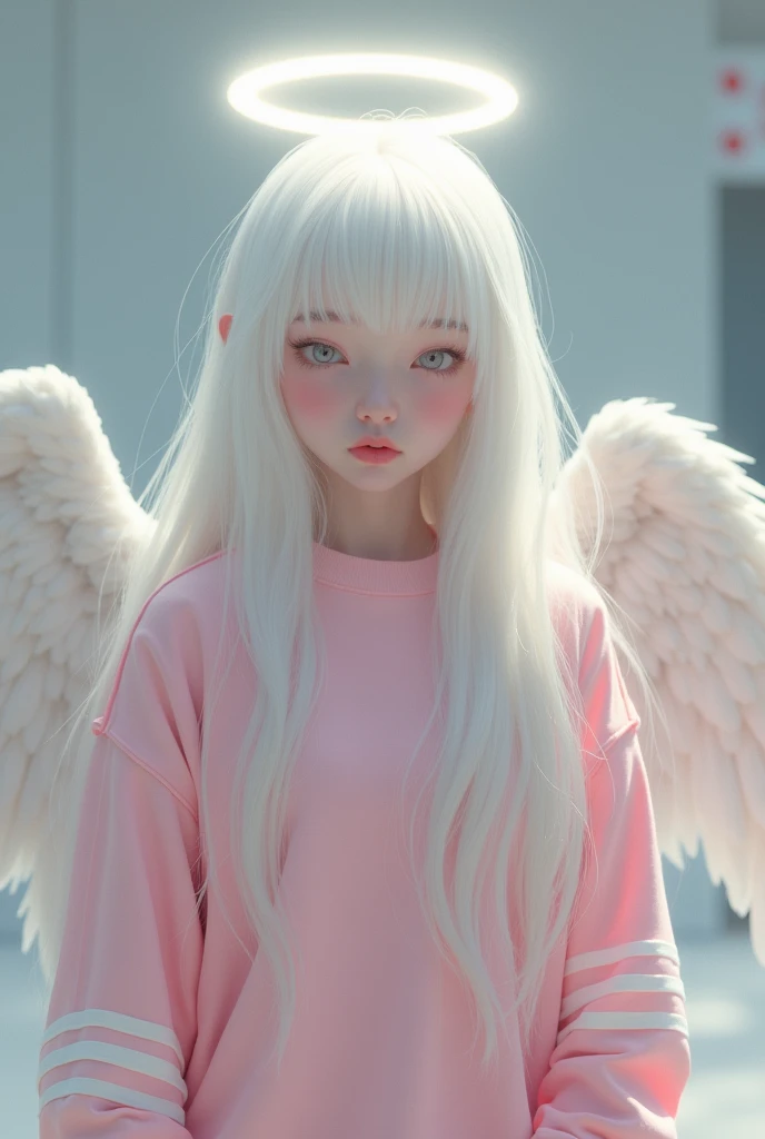 Character long white hair ,  white skin , Light pink eyes,  large pink sweatshirt with white stripes , The character has an angels aureole in his head