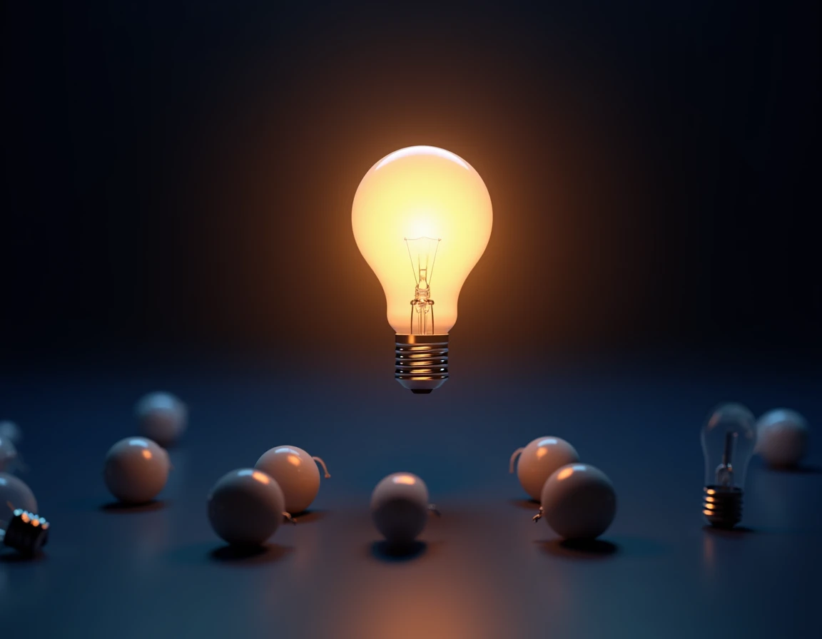 Light bulb, glowing, illuminated, floating, dark background, unlit bulbs, ground, contrast, idea concept, inspiration, innovation, creativity, leadership, standing out, blue tint, dramatic lighting, minimalist composition, symbolic imagery, 3D rendering, p...