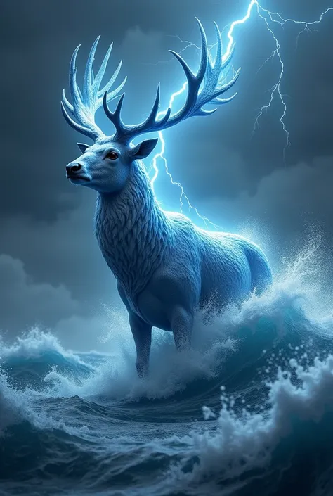 A deer standing in a stormy ocean, with massive waves crashing under a dramatic, lightning-lit sky and the deer is also made up of massive waves crashing under a dramatic, lighting lit sky. 

