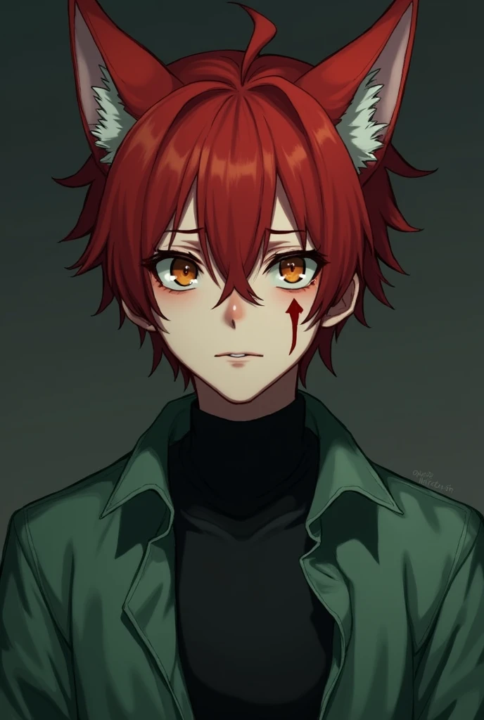 guy 20 years old , thin ,  red hair  , fox ears ,  amber-colored eyes  , under the eyes ,  red arrows pointing down   ,  on the floor of the screen  ,  right cheek scar   , in a black turtleneck,  on top, a slightly loose green shirt is unbuttoned . There ...