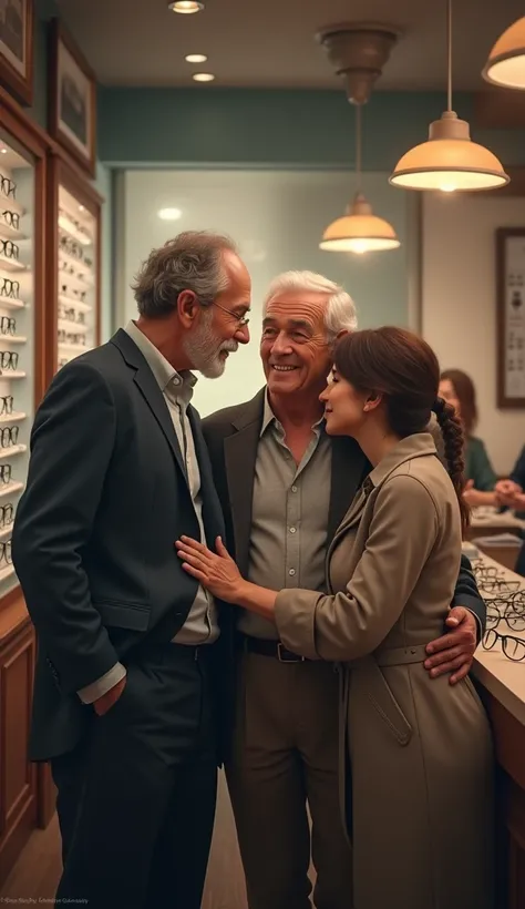  father and an adult son being cared for by an optician saleswoman and in the background of the image, Put on a scene of an optician 